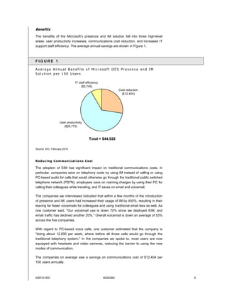 Benefits
The benefits of the Microsoft’s presence and IM solution fall into three high-level
areas: user productivity increases, communications cost reduction, and increased IT
support staff efficiency. The average annual savings are shown in Figure 1.



FIGURE 1

Average Annual Benefits of Microsoft OCS Presence and IM
Solution per 100 Users

                               IT staff efficiency
                                    ($3,749)
                                                               Cost reduction
                                                                 ($12,404)




                   User productivity
                      ($28,775)



                                          Total = $44,928

Source: IDC, February 2010



Reducing Communications Cost

The adoption of EIM has significant impact on traditional communications costs. In
particular, companies save on telephony costs by using IM instead of calling or using
PC-based audio for calls that would otherwise go through the traditional public switched
telephone network (PSTN), employees save on roaming charges by using their PC for
calling their colleagues while traveling, and IT saves on email and voicemail.

The companies we interviewed indicated that within a few months of the introduction
of presence and IM, users had increased their usage of IM by 450%, resulting in their
leaving far fewer voicemails for colleagues and using traditional email less as well. As
one customer said, "Our voicemail use is down 70% since we deployed EIM, and
email traffic has declined another 20%." Overall voicemail is down an average of 53%
across the five companies.

With regard to PC-based voice calls, one customer estimated that the company is
"doing about 12,000 per week, where before all those calls would go through the
traditional telephony system." In the companies we spoke to, most users are now
equipped with headsets and video cameras, reducing the barrier to using the new
modes of communication.

The companies on average saw a savings on communications cost of $12,404 per
100 users annually.



©2010 IDC                                            #222262                               5
 