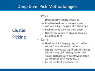 Deep Dive: Pick Methodologies
           • Pro’s:
              – Dramatically reduces walking
              – Possible to do on a limited scale
                without a high degree of technology
Cluster       – Each order is only touched once
              – Orders are ready-to-ship as soon as
                picking is done
Picking    • Con’s
              – Hard to pick a large group of orders
                without real-time instructions
              – Orders may travel significant distances
                without any picks being performed
              – Travel distances are excessive in large
                warehouses with many SKUs
              – Increased likelihood of errors
 