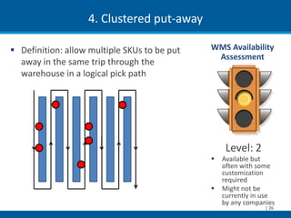 4. Clustered put-away

 Definition: allow multiple SKUs to be put   WMS Availability
                                               Assessment
  away in the same trip through the
  warehouse in a logical pick path




                                                   Level: 2
                                                 Available but
                                                  often with some
                                                  customization
                                                  required
                                                 Might not be
                                                  currently in use
                                                  by any companies
                                                               | 26
 