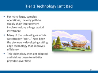 Tier 1 Technology Isn’t Bad

 For many large, complex
  operations, the only path to
  supply chain improvement
  involves making a large capital
  investment
 Many of the technologies which
  we consider “Tier 1” have been
  the pioneers – developing cutting
  edge technology that improves
  efficiency
 This technology then get adapted
  and trickles down to mid-tier
  providers over time

                                               |3
 