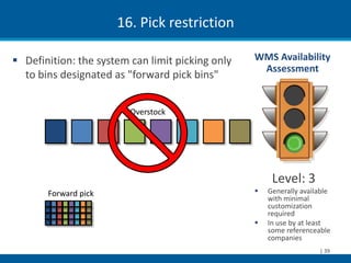 16. Pick restriction

 Definition: the system can limit picking only   WMS Availability
                                                   Assessment
  to bins designated as "forward pick bins"


                         Overstock




                                                       Level: 3
       Forward pick                                  Generally available
                                                      with minimal
                                                      customization
                                                      required
                                                     In use by at least
                                                      some referenceable
                                                      companies
                                                                     | 39
 