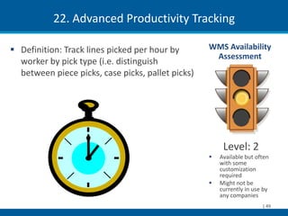 22. Advanced Productivity Tracking

 Definition: Track lines picked per hour by       WMS Availability
                                                    Assessment
  worker by pick type (i.e. distinguish
  between piece picks, case picks, pallet picks)




                                                        Level: 2
                                                      Available but often
                                                       with some
                                                       customization
                                                       required
                                                      Might not be
                                                       currently in use by
                                                       any companies
                                                                       | 49
 
