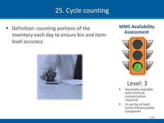 25. Cycle counting

 Definition: counting portions of the         WMS Availability
                                                Assessment
  inventory each day to ensure bin and item-
  level accuracy




                                                    Level: 3
                                                  Generally available
                                                   with minimal
                                                   customization
                                                   required
                                                  In use by at least
                                                   some referenceable
                                                   companies
                                                                  | 53
 