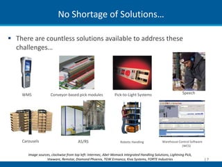 No Shortage of Solutions…

 There are countless solutions available to address these
  challenges…




    WMS              Conveyor-based pick modules                Pick-to-Light Systems                       Speech




    Carousels                          AS/RS                       Robotic Handling            Warehouse Control Software
                                                                                                           (WCS)

       Image sources, clockwise from top left: Intermec, Abel-Womack Integrated Handling Solutions, Lightning Pick,
                  Voxware, Remstar, Diamond Phoenix, TGW Ermanco, Kiva Systems, FORTE Industries                            |7
 