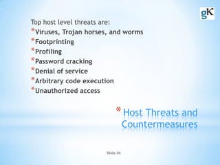 Slide 54
*Host Threats and
Countermeasures
Top host level threats are:
*Viruses, Trojan horses, and worms
*Footprinting
*Profiling
*Password cracking
*Denial of service
*Arbitrary code execution
*Unauthorized access
 