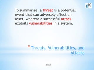 Slide 6
*Threats, Vulnerabilities, and
Attacks
To summarize, a threat is a potential
event that can adversely affect an
asset, whereas a successful attack
exploits vulnerabilities in a system.
 