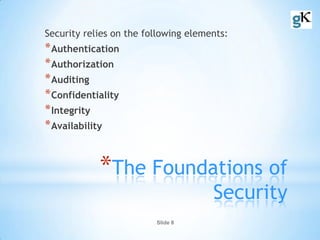 Slide 8
*The Foundations of
Security
Security relies on the following elements:
*Authentication
*Authorization
*Auditing
*Confidentiality
*Integrity
*Availability
 