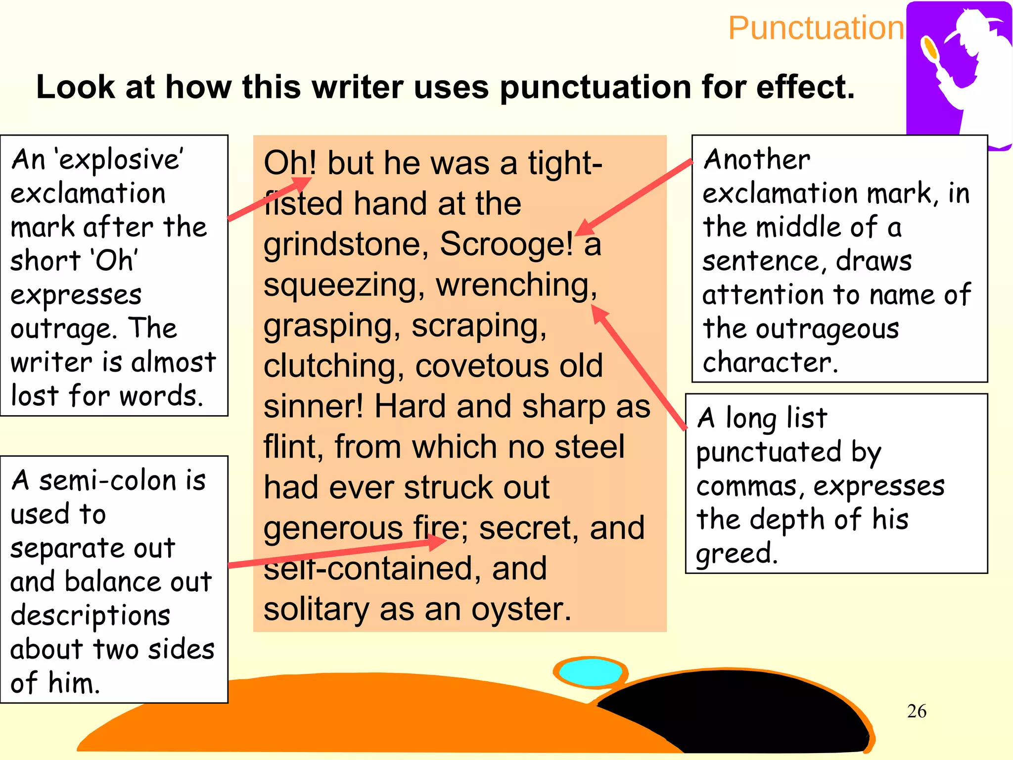 Punctuation
26
Oh! but he was a tight-
fisted hand at the
grindstone, Scrooge! a
squeezing, wrenching,
grasping, scraping,
clutching, covetous old
sinner! Hard and sharp as
flint, from which no steel
had ever struck out
generous fire; secret, and
self-contained, and
solitary as an oyster.
Look at how this writer uses punctuation for effect.
An ‘explosive’
exclamation
mark after the
short ‘Oh’
expresses
outrage. The
writer is almost
lost for words.
Another
exclamation mark, in
the middle of a
sentence, draws
attention to name of
the outrageous
character.
A semi-colon is
used to
separate out
and balance out
descriptions
about two sides
of him.
A long list
punctuated by
commas, expresses
the depth of his
greed.
 