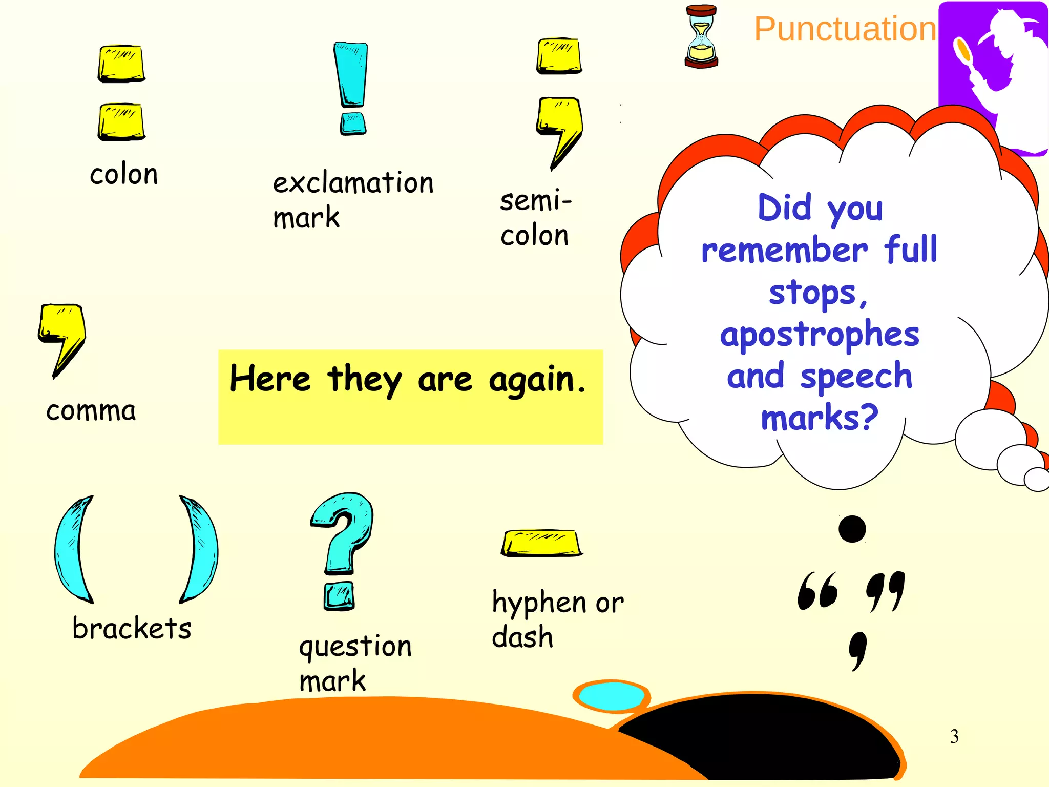 Punctuation
3
Here they are again.
comma
hyphen or
dashquestion
mark
semi-
colon
exclamation
mark
colon
brackets
You have five
seconds to
think of 3
more
punctuation
marks.
Did you
remember full
stops,
apostrophes
and speech
marks?
 