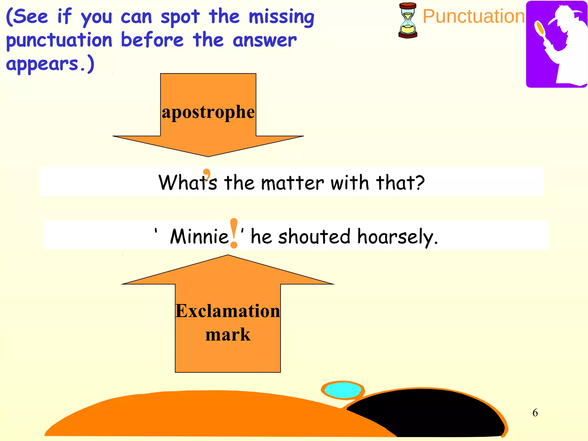 Punctuation
6
(See if you can spot the missing
punctuation before the answer
appears.)
Whats the matter with that?
,
‘ Minnie ’ he shouted hoarsely.
Exclamation
mark
!
apostrophe
 