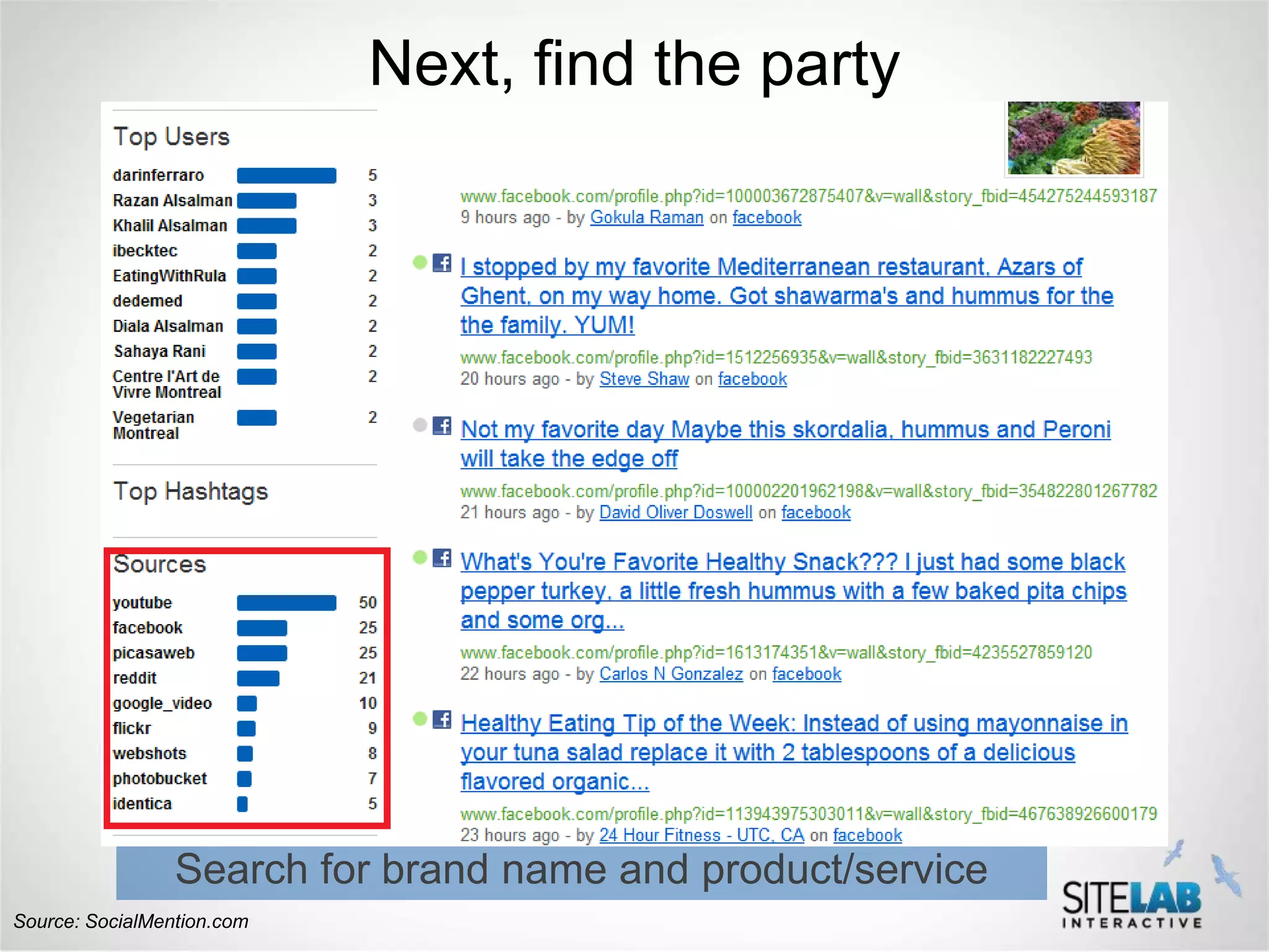 Next, find the party




                 Search for brand name and product/service
Source: SocialMention.com
 