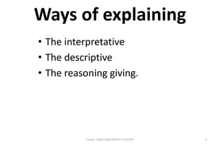 Ways of explaining
• The interpretative
• The descriptive
• The reasoning giving.
6Comm. skills/10thAPR2013/DADJU
 