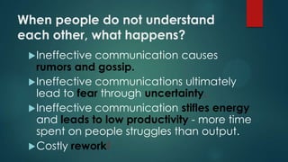 When people do not understand
each other, what happens?
Ineffective communication causes
rumors and gossip.
Ineffective communications ultimately
lead to fear through uncertainty.
Ineffective communication stifles energy
and leads to low productivity - more time
spent on people struggles than output.
Costly rework!
 