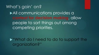 What‟s goin‟ on?
All communications provides a
context for decision making, allow
people to sort things out among
competing priorities.
“What do I need to do to support the
organization?”
 