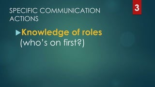 SPECIFIC COMMUNICATION
ACTIONS
Knowledge of roles
(who‟s on first?)
3
 