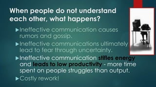 When people do not understand
each other, what happens?
Ineffective communication causes
rumors and gossip.
Ineffective communications ultimately
lead to fear through uncertainty.
Ineffective communication stifles energy
and leads to low productivity - more time
spent on people struggles than output.
Costly rework!
 