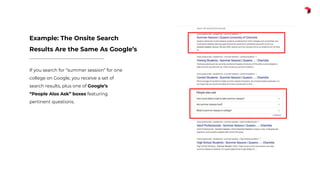If you search for “summer session” for one
college on Google, you receive a set of
search results, plus one of Google’s
“People Also Ask” boxes featuring
pertinent questions.
Example: The Onsite Search
Results Are the Same As Google’s
 