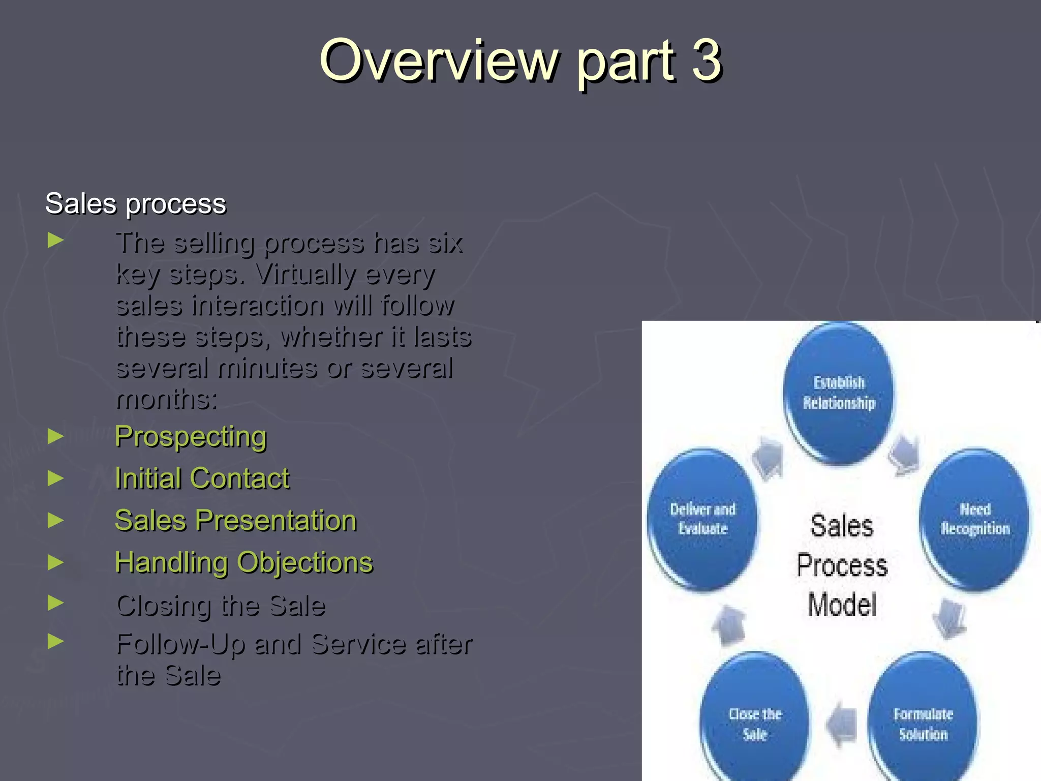 Overview part 3Overview part 3
Sales processSales process
► The selling process has sixThe selling process has six
key steps. Virtually everykey steps. Virtually every
sales interaction will followsales interaction will follow
these steps, whether it laststhese steps, whether it lasts
several minutes or severalseveral minutes or several
months:months:
► ProspectingProspecting
► Initial ContactInitial Contact
► Sales PresentationSales Presentation
► Handling ObjectionsHandling Objections
► Closing the SaleClosing the Sale
► Follow-Up and Service afterFollow-Up and Service after
the Salethe Sale
 