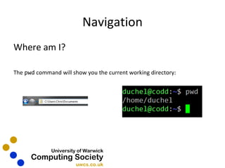Navigation Where am I? The  pwd  command will show you the current working directory: 