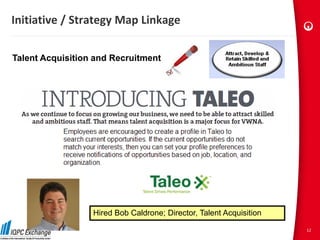 Initiative / Strategy Map Linkage

Talent Acquisition and Recruitment




                  Hired Bob Caldrone; Director, Talent Acquisition

                                                                     12
 