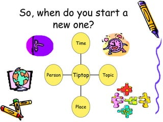 So, when do you start a
new one?
Person
Place
Topic
Time
Tiptop
 