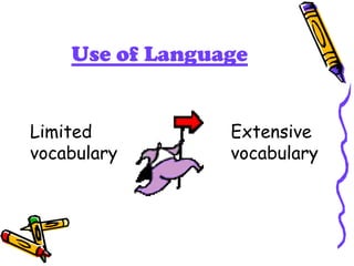 Use of Language
Limited
vocabulary
Extensive
vocabulary
 