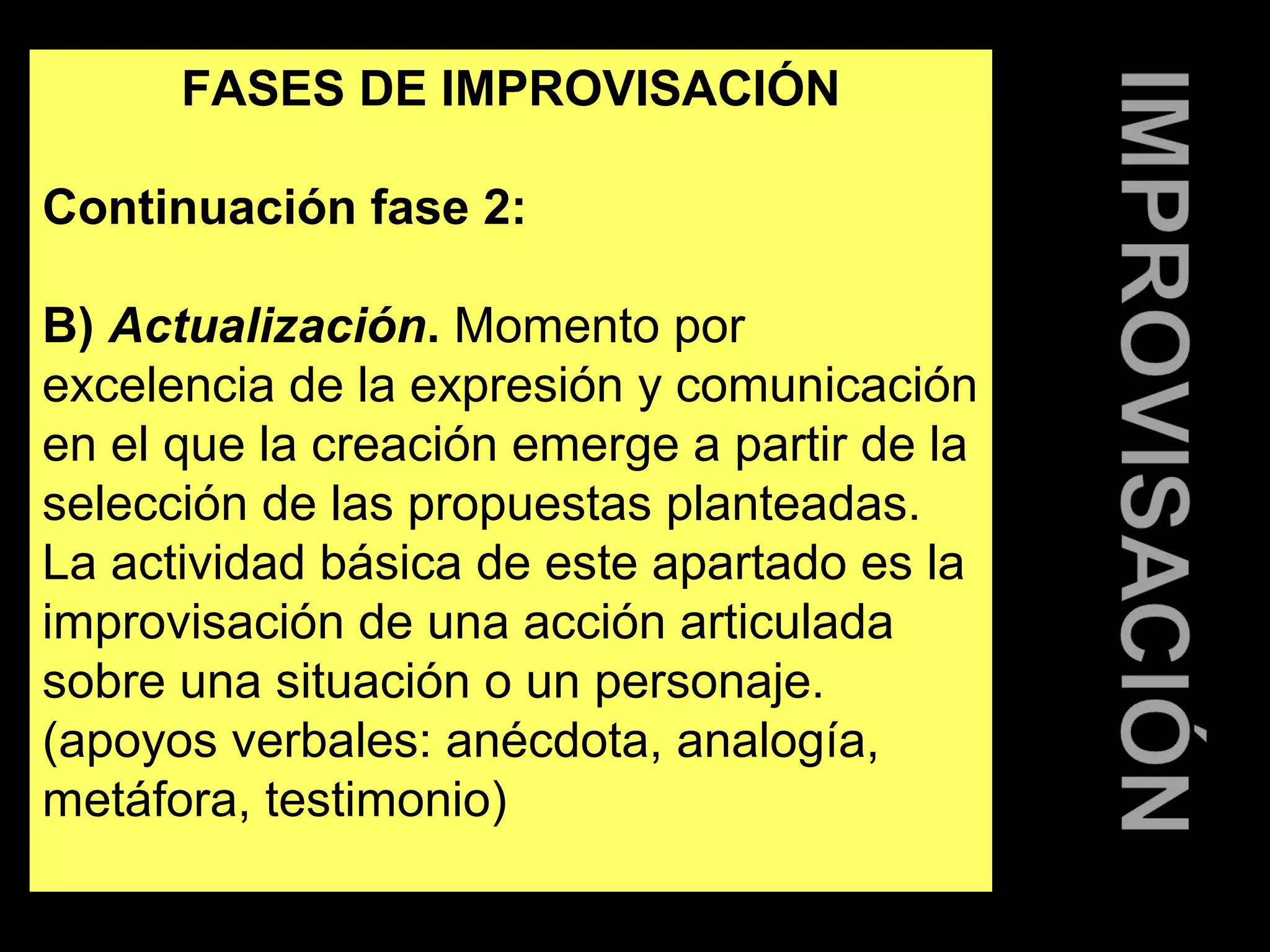 FASES DE IMPROVISACIÓN 
Continuación fase 2: 
B) Actualización. Momento por 
excelencia de la expresión y comunicación 
en el que la creación emerge a partir de la 
selección de las propuestas planteadas. 
La actividad básica de este apartado es la 
improvisación de una acción articulada 
sobre una situación o un personaje. 
(apoyos verbales: anécdota, analogía, 
metáfora, testimonio) 
 