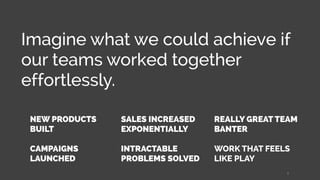 Imagine what we could achieve if
our teams worked together
effortlessly.
NEW PRODUCTS
BUILT
CAMPAIGNS
LAUNCHED
SALES INCREASED
EXPONENTIALLY
INTRACTABLE
PROBLEMS SOLVED
REALLY GREAT TEAM
BANTER
WORK THAT FEELS
LIKE PLAY
8
 