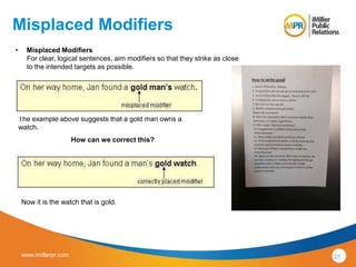 Misplaced Modifiers 
• Misplaced Modifiers 
For clear, logical sentences, aim modifiers so that they strike as close 
to the intended targets as possible. 
The example above suggests that a gold man owns a 
watch. 
How can we correct this? 
Now it is the watch that is gold. 
www.imillerpr.com 21 
 