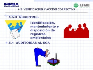 4.5  VERIFICACIÓN Y ACCIÓN CORRECTIVA 4.5.3  REGISTROS 4.5.4  AUDITORIAS AL SGA Identificación, mantenimiento y disposición de registros ambientales 
