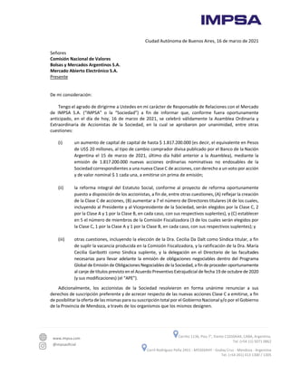 www.impsa.com
@impsaoficial
Cerrito 1136, Piso 7°, frente C1010AAX, CABA, Argentina.
Tel. (+54 11) 5071 0862
Carril Rodríg...