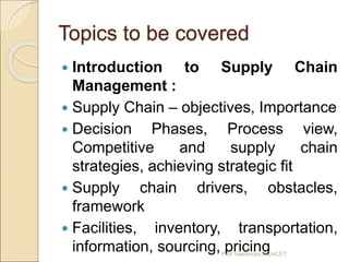 Topics to be covered
 Introduction to Supply Chain
Management :
 Supply Chain – objectives, Importance
 Decision Phases...