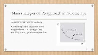 Main strategies of PS approach in radiotherapy
A) WEIGHTED SUM methods
Combining all the objectives into a
weighted sum => solving of the
resulting scalar optimization problem
22
 