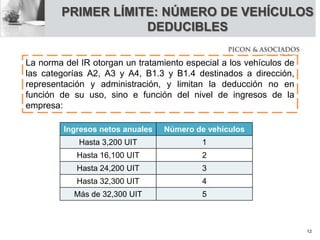 PRIMER LÍMITE: NÚMERO DE VEHÍCULOS
DEDUCIBLES
La norma del IR otorgan un tratamiento especial a los vehículos de
las categorías A2, A3 y A4, B1.3 y B1.4 destinados a dirección,
representación y administración, y limitan la deducción no en
función de su uso, sino e función del nivel de ingresos de la
empresa:
Ingresos netos anuales Número de vehículos
Hasta 3,200 UIT 1
Hasta 16,100 UIT 2
Hasta 24,200 UIT 3
Hasta 32,300 UIT 4
Más de 32,300 UIT 5
12
 