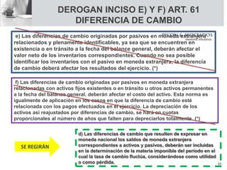 33
e) Las diferencias de cambio originadas por pasivos en moneda extranjera
relacionados y plenamente identificables, ya sea que se encuentren en
existencia o en tránsito a la fecha del balance general, deberán afectar el
valor neto de los inventarios correspondientes. Cuando no sea posible
identificar los inventarios con el pasivo en moneda extranjera, la diferencia
de cambio deberá afectar los resultados del ejercicio. (*)
f) Las diferencias de cambio originadas por pasivos en moneda extranjera
relacionadas con activos fijos existentes o en tránsito u otros activos permanentes
a la fecha del balance general, deberán afectar el costo del activo. Esta norma es
igualmente de aplicación en los casos en que la diferencia de cambio esté
relacionada con los pagos efectuados en el ejercicio. La depreciación de los
activos así reajustados por diferencias de cambio, se hará en cuotas
proporcionales al número de años que falten para depreciarlos totalmente. (*)
DEROGAN INCISO E) Y F) ART. 61
DIFERENCIA DE CAMBIO
d) Las diferencias de cambio que resulten de expresar en
moneda nacional los saldos de moneda extranjera
correspondientes a activos y pasivos, deberán ser incluidas
en la determinación de la materia imponible del período en el
cual la tasa de cambio fluctúa, considerándose como utilidad
o como pérdida.
SE REGIRÁN
 