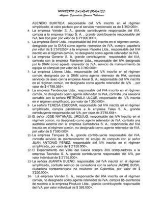 HUMBERTO SALAZAR GRAJALES
Abogado-Especialista Gerencia Tributaria
ASENCIO BURITICA, responsable del IVA inscrito en el régimen
simplificado, el valor pactado por el servicio mencionado es de $ 350.000=.
4- La empresa Vender S. A., grande contribuyente responsable del IVA,
compra a la empresa Imago S. A. , grande contribuyente responsable del
IVA, tela tipo jean por valor de $ 21’000.000=.
5- La empresa Servir Ltda., responsable del IVA inscrito en el régimen común,
designado por la DIAN como agente retenedor de IVA, compra papelería
por valor de $ 2’576250= a la empresa Papeles Ltda., responsable del IVA
inscrito en el régimen común, no designado como agente retenedor de IVA.
6- La empresa Generar S. A. grande contribuyente responsable del IVA,
contrata con la empresa Mantener Ltda., responsable del IVA designado
por la DIAN como agente retenedor de IVA, servicio de mantenimiento de
equipo de cómputo por valor de $ 3’780.000=.
7- La empresa Lideres Ltda., responsable del IVA inscrito en el régimen
común, designada por la DIAN como agente retenedor de IVA, contrata
servicios de aseo con la empresa Asear S. A., responsable del IVA inscrita
en el régimen común, no designada como agente retenedor de IVA , por
valor de $ 4’789.365=.
8- La empresa Tendencias Ltda., responsable del IVA inscrito en el régimen
común, no designado como agente retenedor de IVA, contrata una asesoría
contable con la señora PETRONILA ULCUE, responsable del IVA inscrita
en el régimen simplificado, por valor de 1’350.000=.
9- La señora TERESA ESCOBAR, responsable del IVA inscrita en el régimen
simplificado, compra pantalones a la empresa Tales S. A., grande
contribuyente responsable del IVA, por valor de 3’785.654=.
10- El señor JOSE NATANAEL URQUIJO, responsable del IVA inscrito en el
régimen común, no designado como agente retenedor de IVA, contrata una
auditoría externa con la empresa Contadores S. A., responsable del IVA
inscrita en el régimen común, no designada como agente retenedor de IVA,
por valor de $ 7’500.000=.
11- La empresa Tanques S. A., grande contribuyente responsable del IVA,
contrata servicio de mantenimiento de equipo de computo con el señor
JUAN ANTONIO PEREZ, responsable del IVA inscrito en el régimen
simplificado, por valor de $ 2’150.000=.
12- El Departamento del Valle del Cauca compra 200 computadores a la
empresa Tecnoloc S. A. grande contribuyente responsable del IVA, por
valor individual de $ 2’785.000=.
13- La señora JUANITA BUENO, responsable del IVA inscrita en el régimen
simplificado, contrata servicio de consultoría con la señora JACKIE BUSH,
ciudadana norteamericana no residente en Colombia, por valor de $
3’250.000=.
14- La empresa Vender S. A., responsable del IVA inscrito en el régimen
común, no designado como agente retenedor de IVA, compra 85 escritorios
de madera a la empresa Producir Ltda., grande contribuyente responsable
del IVA, por valor individual de $ 395.000=.
 
