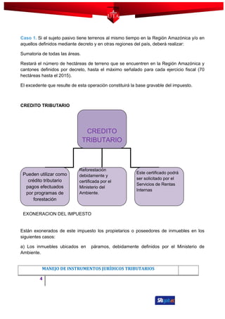 Caso 1. Si el sujeto pasivo tiene terrenos al mismo tiempo en la Región Amazónica y/o en
aquellos definidos mediante decreto y en otras regiones del país, deberá realizar:
Sumatoria de todas las áreas.
Restará el número de hectáreas de terreno que se encuentren en la Región Amazónica y
cantones definidos por decreto, hasta el máximo señalado para cada ejercicio fiscal (70
hectáreas hasta el 2015).
El excedente que resulte de esta operación constituirá la base gravable del impuesto.
CREDITO TRIBUTARIO
EXONERACION DEL IMPUESTO
Están exonerados de este impuesto los propietarios o poseedores de inmuebles en los
siguientes casos:
a) Los inmuebles ubicados en páramos, debidamente definidos por el Ministerio de
Ambiente.
MANEJO DE INSTRUMENTOS JURÍDICOS TRIBUTARIOS
4
CREDITO
TRIBUTARIO
Pueden utilizar como
crédito tributario
pagos efectuados
por programas de
forestación
Reforestación
debidamente y
certificada por el
Ministerio del
Ambiente.
Este certificado podrá
ser solicitado por el
Servicios de Rentas
Internas
 