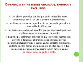 DIFERENCIA ENTRE BIENES GRAVADOS, EXENTOS Y
EXCLUIDOS
 Los bienes gravados son los que están sometidos a una
determinada tarifa, ya sea la general o diferenciales.
 Los bienes exentos son aquellos bienes que están gravados a
una tarifa de 0% (cero).
 Los bienes excluidos son aquellos que por expresa disposición
legal no están gravados con el impuesto.
 La principal diferencia consiste en que los bienes exentos dan
derecho a descontar el impuesto que se pague por sus
insumos, materias primas y demás costos directos e indirectos,
en tanto que los bienes excluidos no lo pueden hacer, el Iva
que paguen por cualquier concepto deben llevarlo como
un mayor valor de gasto o costo.
 