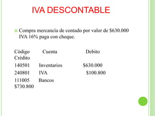 IVA DESCONTABLE
 Compra mercancía de contado por valor de $630.000
IVA 16% paga con cheque.
Código Cuenta Debito
Crédito
140501 Inventarios $630.000
240801 IVA $100.800
111005 Bancos
$730.800
 