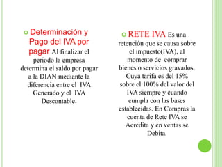  Determinación y
Pago del IVA por
pagar Al finalizar el
periodo la empresa
determina el saldo por pagar
a la DIAN mediante la
diferencia entre el IVA
Generado y el IVA
Descontable.
 RETE IVA Es una
retención que se causa sobre
el impuesto(IVA), al
momento de comprar
bienes o servicios gravados.
Cuya tarifa es del 15%
sobre el 100% del valor del
IVA siempre y cuando
cumpla con las bases
establecidas. En Compras la
cuenta de Rete IVA se
Acredita y en ventas se
Debita.
 
