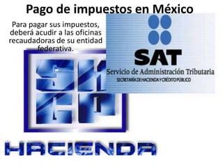 Pago de impuestos en México
 Para pagar sus impuestos,
deberá acudir a las oficinas
recaudadoras de su entidad
        federativa.
 