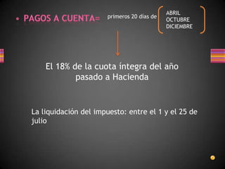 primeros 20 días de
ABRIL
OCTUBRE
DICIEMBRE
El 18% de la cuota íntegra del año
pasado a Hacienda
La liquidación del impuesto: entre el 1 y el 25 de
julio
 
