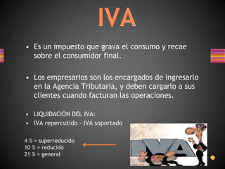 • Es un impuesto que grava el consumo y recae
sobre el consumidor final.
• Los empresarios son los encargados de ingresarlo
en la Agencia Tributaria, y deben cargarlo a sus
clientes cuando facturan las operaciones.
• LIQUIDACIÓN DEL IVA:
• IVA repercutido – IVA soportado
4 % = superreducido
10 % = reducido
21 % = general
 