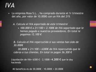 • La empresa Rosa S.L. , ha comprado durante el 1r trimestre
del año, por valor de 10.000€ con un IVA del 21%
A. Calcula el IVA soportado de este trimestre
• 100.000 € x 21/100 = 2.100€ de IVA soportado que le
hemos pagado a nuestros proveedores. En total le
pagamos 12.100 €
B. Calcula el IVA repercutido si sus ventas han sido de
30.000€
30.000€ x 21/100 = 6300€ de IVA repercutido que le
cobras a tus clientes. En total te pagan 36.300 €
IVA
Liquidación de IVA= 6300 € - 2.100€= 4.200 € que le doy
hacienda
Mi beneficio es de 30.000€ - 10.000€ = 20.000€
 