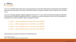 DC0 - Información pública
1.- PPUA
Casos Especiales
Ley 21.210 modificó el N°3 del inciso cuarto del Articulo 31 de la LIR, eliminando la imputación de las pérdidas a
las rentas que se perciban como retiro o dividendos afectos a impuestos finales. Entra en vigencia el 01 de enero
2024.
A su vez, el Artículo vigésimo séptimo transitorio de la Ley N° 21.210, indica la eliminación progresiva del Pago
Provisional por Utilidades Absorbidas (PPUA), y establece que entre los periodos 2020 al 2023, las pérdidas se
imputarán a las rentas percibidas según los siguientes limites:
 2020 => 90% cantidad menor entre PT o suma RPAIF
 2021 => 80% cantidad menor entre PT o suma RPAIF
 2022 => 70% cantidad menor entre PT o suma RPAIF
 2023 => 50% cantidad menor entre PT o suma RPAIF
Instrucciones de acuerdo a Circular N°19 de abril de 2021.
PT = Pérdida Tributaria.
RPAIF = Rentas Percibidas afectas a Impuestos Finales
 