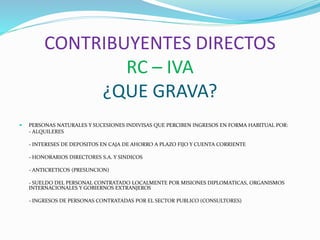 CONTRIBUYENTES DIRECTOS
RC – IVA
¿QUE GRAVA?
 PERSONAS NATURALES Y SUCESIONES INDIVISAS QUE PERCIBEN INGRESOS EN FORMA HABITUAL POR:
- ALQUILERES
- INTERESES DE DEPOSITOS EN CAJA DE AHORRO A PLAZO FIJO Y CUENTA CORRIENTE
- HONORARIOS DIRECTORES S.A. Y SINDICOS
- ANTICRETICOS (PRESUNCION)
- SUELDO DEL PERSONAL CONTRATADO LOCALMENTE POR MISIONES DIPLOMATICAS, ORGANISMOS
INTERNACIONALES Y GOBIERNOS EXTRANJEROS
- INGRESOS DE PERSONAS CONTRATADAS POR EL SECTOR PUBLICO (CONSULTORES)
 