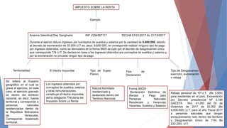 IMPUESTO SOBRE LA RENTA
Ejemplo
Arianna Valentina Dìaz Sanginario RIF V254557117 FECHA 01/01/2017 AL 31/12/2017
Durante el ejercio obtuvo ingresos por conceptos de sueldos y salarios por la cantidad de 6.600.000, debido
al decreto de exoneración de 32.000 U.T es, decir, 9.600.000, no corresponde realizar ninguno tipo de pago
por ingresos obtenidos, como se demuestra en la forma 9925 se opto por el decreto de desgravamen único
que corresponde 774 U.T. Se declara en base a los ingresos obtenidos por conceptos de sueldos y salarios y
por la exoneración no procede ningún tipo de pago
Territorialidad
Se refiere al Espacio
geográfico en el cual se
grave el ejercicio, en este
caso, el ejercicio gravado
es dentro del territorio
nacional, es decir, fuente
territorial y corresponde a
personas naturales
residenciadas dentro de
la República Bolivariana
de Venezuela.
Corresponde Asalariado
territorial.
El Hecho Imponible
Los ingresos obtenidos por
conceptos de sueldos, salarios
y otras remuneraciones,
constituye el Hecho imponible
del la obligación Tributaria del
Impuesto Sobre La Renta
Tipo de Sujeto
Pasivo
Natural Asimilado
residenciado y
asalariado dentro del
Territorio Nacional.
Tipo de
Declaración
Forma 99025
Declaración Definitiva de
Rentas y Pago para
Personas Naturales
Residentes y Herencias
Yacentes. Sueldos y Salarios
Tipo de Desgravamen
exención, exoneración
o rebaja
Rebaja personal de 10 U.T. (Bs 3.000)
para residentes en el país, Exoneración
por Decreto presidencial Nª 3.185
GACETA Nro. 41.293 del 05 de
diciembre de 2017 de 32.000 (Bs
9.600.000) U.T. para el año Fiscal 2017
a personas naturales que tengan
enriquecimiento neto dentro del territorio
y Desgravamen Único de 774( Bs
232.200) U.T.
 