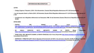 REFERENCIAS BIBLIOGRAFICAS
LEYES
- Código Orgánico Tributario ( 2014, 18 de Noviembre ) Gaceta Oficial República Bolivariana Nª 6.152 Extraordinario
- Ley de Impuesto Sobre La Renta (2015, 30 Diciembre) Gaceta Oficial República Bolivariana Nª 6.210 Extraordinario. Decreto N°
2.163
- Constitución de la República Bolivariana de Venezuela (1999, 30 de Diciembre) Gaceta Oficial de la República Bolivariana N°
36.860
SITIOS WEB
- PORTAL DEL SENIAT. (En línea) Disponible
http://declaraciones.seniat.gob.ve/portal/page/portal/MANEJADOR_CONTENIDO_SENIAT/05MENU_HORIZONTAL/5.3ANUNCI
OS_CARTELES/5.3.2CARTELES_NOTIFICACION/CARTELES/Pregfrecuentes20142015.pdf Consultado 09 abril 2018
- SE HABLA DERECHO (2017) IMPUESTO SOBRE LA RENTA (Blog) Disponible
https://apunteslegalesblog.wordpress.com/2017/05/20/impuesto-sobre-la-renta-isrl/ Consultado 09 Abril 2018
- VENELOGÌA. ISRL IMPUESTO SOBRE LA RENTA VENEZUELA (En línea) Disponible http://www.venelogia.com/archivos/2239/
Consultado 09 abril 2018
- GERENCIA Y TRIBUTOS (2017) Nuevo Decreto de Exoneración de ISLR a las personas naturales 32.000 UT (Blog) Disponible
https://gerenciaytributos.blogspot.com/2017/12/nuevo-decreto-de-exoneracion-de-islr.html Consultado 09 abril 2018
 