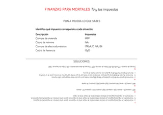 1
a. Incorrecta: En un impuesto progresivo, el esfuerzo relativo de los de mayor renta es mayor. Esta opción sería correcta si el impuesto fuese regresivo.
b. Incorrecta: En un impuesto progresivo, el esfuerzo relativo de los de mayor renta es mayor. Esta opción sería correcta si el impuesto fuese proporcional.
c. Correcta: En un impuesto progresivo, el esfuerzo relativo de los de mayor renta es mayor.
2
IRPF > directo | IS > directo | IVA > indirecto | ISyD > directo | II.EE > indirecto | IP > directo
3
IRPF > renta | IS > renta | IVA consumo | ISyD capital | II.EE. consumo | IP capital
4
a. Incorrecto: El precio ﬁnal (8+2) se quedaría por debajo del precio medio por lo que aún tiene margen para subir el precio.
b. Incorrecto: El precio ﬁnal (12+2) se quedaría por encima del precio medio por lo que tendría que bajarlo y renunciar a parte de su beneﬁcio.
c. Correcto: El precio ﬁnal (10+2) se igualaría con el precio medio de la zona.
5
Compra de vivienda > ITPyAJD, IVA, IBI | Cobro de nómina > IRPF | Compra de electrodoméstico > IVA | Cobro de herencia > ISyD

SOLUCIONES
Descripción
Compra de vivienda
Cobro de nómina
Compra de electrodoméstico
Cobro de herencia

Impuestos
IRPF
IVA
ITPyAJD, IVA, IBI
ISyD

Identiﬁca qué impuesto corresponde a cada situación.
PON A PRUEBA LO QUE SABES

FINANZAS PARA MORTALES Tú y tus impuestos

 