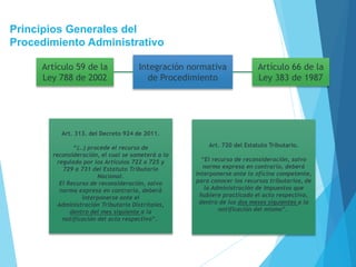 Principios Generales del
Procedimiento Administrativo
Integración normativa
de Procedimiento
Artículo 59 de la
Ley 788 de 2002
Artículo 66 de la
Ley 383 de 1987
Art. 313. del Decreto 924 de 2011.
“(…) procede el recurso de
reconsideración, el cual se someterá a lo
regulado por los Artículos 722 a 725 y
729 a 731 del Estatuto Tributario
Nacional.
El Recurso de reconsideración, salvo
norma expresa en contraria, deberá
interponerse ante el
Administración Tributaria Distritales,
dentro del mes siguiente a la
notificación del acto respectivo”.
Art. 720 del Estatuto Tributario.
“El recurso de reconsideración, salvo
norma expresa en contrario, deberá
interponerse ante la oficina competente,
para conocer los recursos tributarios, de
la Administración de Impuestos que
hubiere practicado el acto respectivo,
dentro de los dos meses siguientes a la
notificación del mismo”.
 